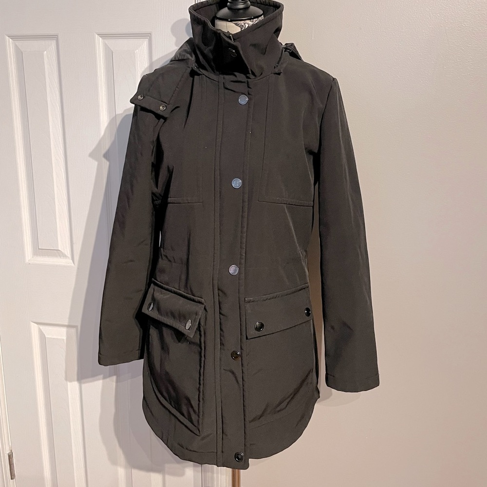 Kenneth Cole Parka Rain winter jacket hoodie long length zip/snaps mock coat M
